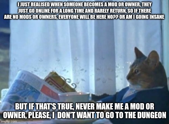pls no or pls yes????? | I JUST REALISED WHEN SOMEONE BECOMES A MOD OR OWNER, THEY JUST GO ONLINE FOR A LONG TIME AND RARELY RETURN, SO IF THERE ARE NO MODS OR OWNERS, EVERYONE WILL BE HERE NO?? OR AM I GOING INSANE; BUT IF THAT'S TRUE, NEVER MAKE ME A MOD OR OWNER, PLEASE, I  DON'T WANT TO GO TO THE DUNGEON | image tagged in memes,i should buy a boat cat | made w/ Imgflip meme maker