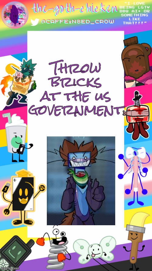 Fuck this country.... | Throw bricks at the us government | image tagged in the-goth-chicken's pride announcement template | made w/ Imgflip meme maker