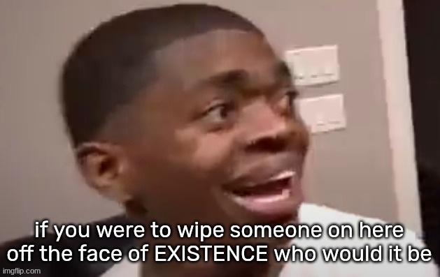 why he happi | if you were to wipe someone on here off the face of EXISTENCE who would it be | image tagged in why he happi | made w/ Imgflip meme maker