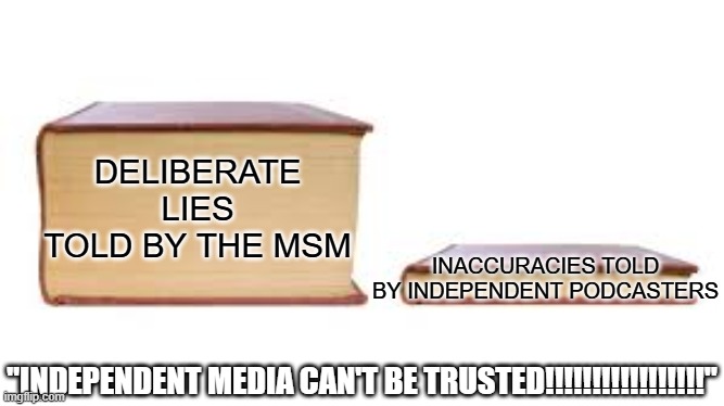 Big book small book | DELIBERATE LIES TOLD BY THE MSM; INACCURACIES TOLD BY INDEPENDENT PODCASTERS; "INDEPENDENT MEDIA CAN'T BE TRUSTED!!!!!!!!!!!!!!!!!" | image tagged in big book small book,msm lies,podcast,politics lol,epstein didnt kill himself,ducks | made w/ Imgflip meme maker