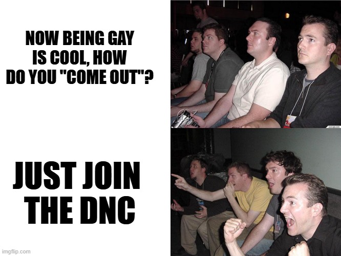 Reaction Guys | NOW BEING GAY IS COOL, HOW DO YOU "COME OUT"? JUST JOIN 
THE DNC | image tagged in reaction guys,gay,dnc,democrats,pride | made w/ Imgflip meme maker