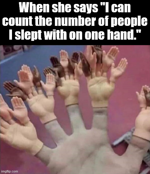 Got more fingers | When she says "I can count the number of people I slept with on one hand." | image tagged in hand | made w/ Imgflip meme maker
