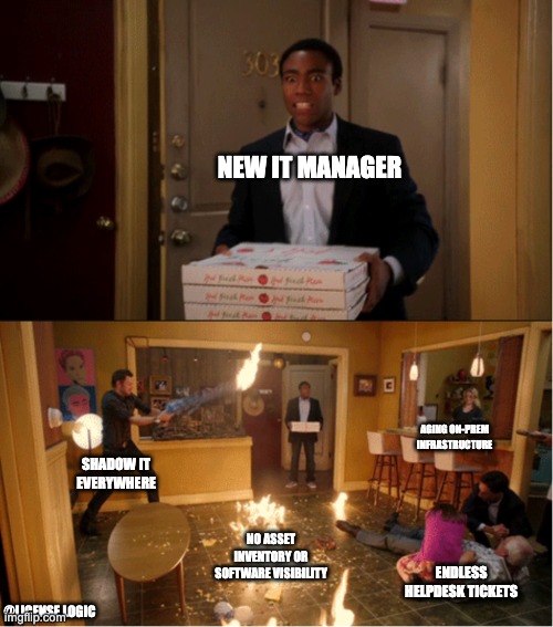 Community Fire Pizza Meme | NEW IT MANAGER; AGING ON-PREM INFRASTRUCTURE; SHADOW IT EVERYWHERE; NO ASSET INVENTORY OR SOFTWARE VISIBILITY; ENDLESS HELPDESK TICKETS; @LICENSE LOGIC | image tagged in community fire pizza meme,it manager,saas,corporate | made w/ Imgflip meme maker