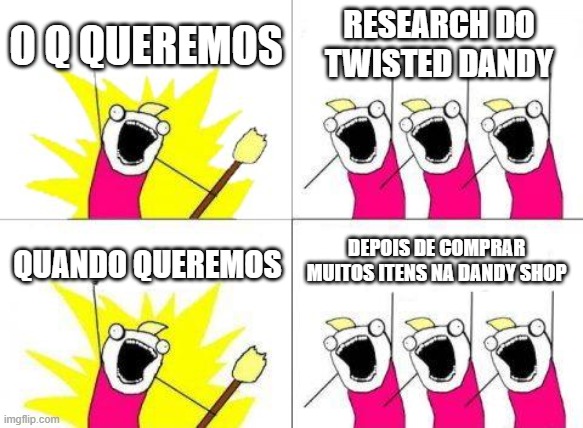 o q queremos? | O Q QUEREMOS; RESEARCH DO TWISTED DANDY; DEPOIS DE COMPRAR MUITOS ITENS NA DANDY SHOP; QUANDO QUEREMOS | image tagged in memes,what do we want | made w/ Imgflip meme maker