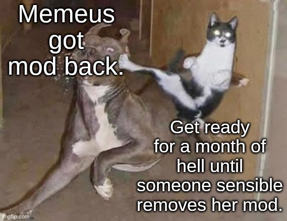 Here before memeus mod abuse. | Memeus got mod back. Get ready for a month of hell until someone sensible removes her mod. | image tagged in get rekt announcement version | made w/ Imgflip meme maker