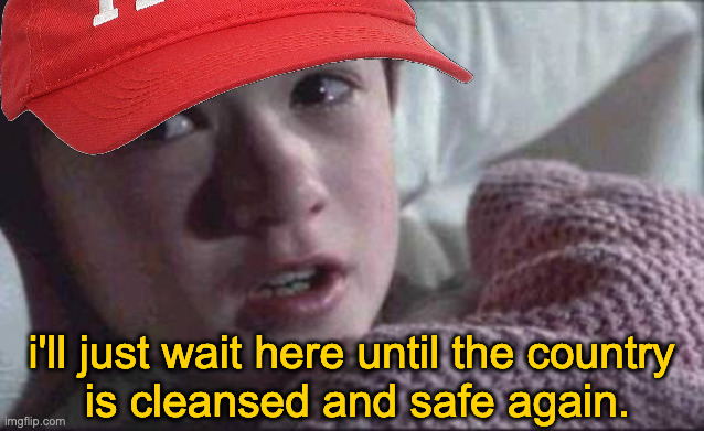 Poor little guy. | i'll just wait here until the country 
is cleansed and safe again. | image tagged in memes,maga memes | made w/ Imgflip meme maker