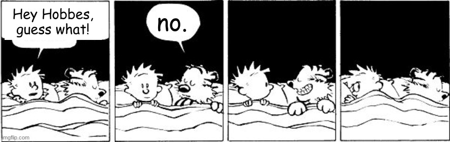 chicken- oh wait | Hey Hobbes, guess what! no. | image tagged in bubble burster calvin and hobbes | made w/ Imgflip meme maker