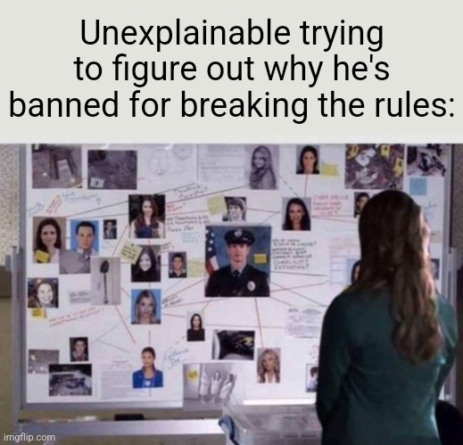 Investigation | Unexplainable trying to figure out why he's banned for breaking the rules: | image tagged in investigation | made w/ Imgflip meme maker