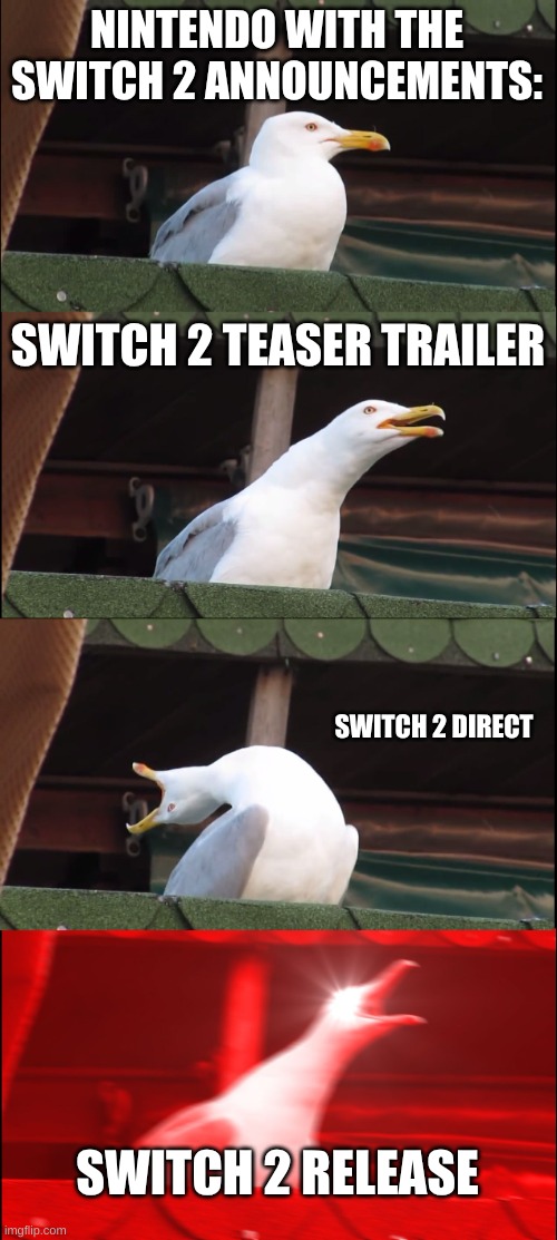 IT IS THE DAY | NINTENDO WITH THE SWITCH 2 ANNOUNCEMENTS:; SWITCH 2 TEASER TRAILER; SWITCH 2 DIRECT; SWITCH 2 RELEASE | image tagged in memes,inhaling seagull | made w/ Imgflip meme maker