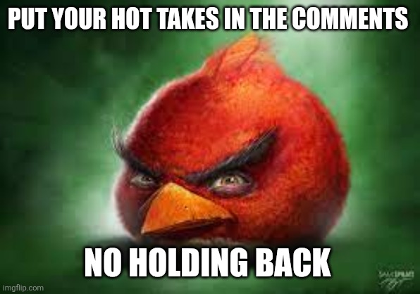 It's botta get wild | PUT YOUR HOT TAKES IN THE COMMENTS; NO HOLDING BACK | image tagged in realistic red angry birds | made w/ Imgflip meme maker