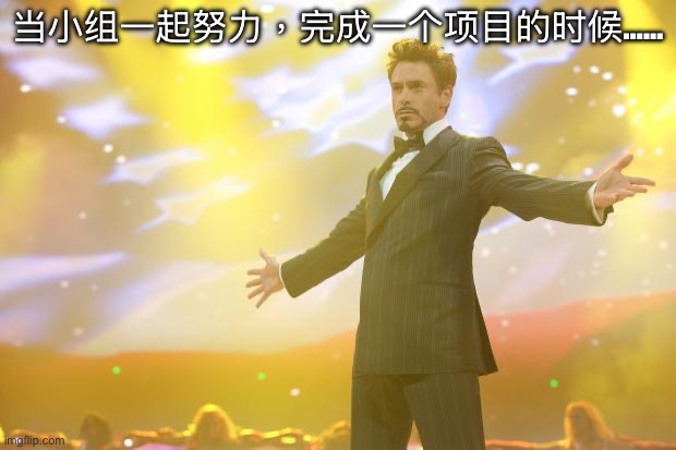 Tony Stark success | 当小组一起努力，完成一个项目的时候…… | image tagged in tony stark success | made w/ Imgflip meme maker