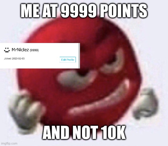 NOOO WHYYYY | ME AT 9999 POINTS; AND NOT 10K | image tagged in red m m angry | made w/ Imgflip meme maker