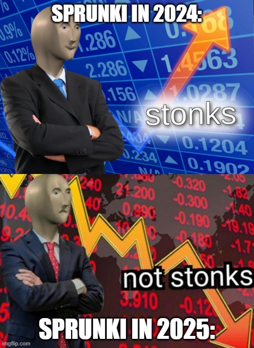 Stonks not stonks | SPRUNKI IN 2024: SPRUNKI IN 2025: | image tagged in stonks not stonks | made w/ Imgflip meme maker
