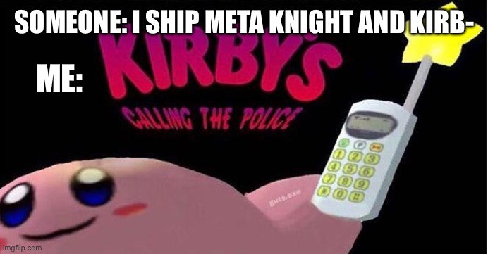 LITERALLY | SOMEONE: I SHIP META KNIGHT AND KIRB-; ME: | image tagged in kirby's calling the police | made w/ Imgflip meme maker
