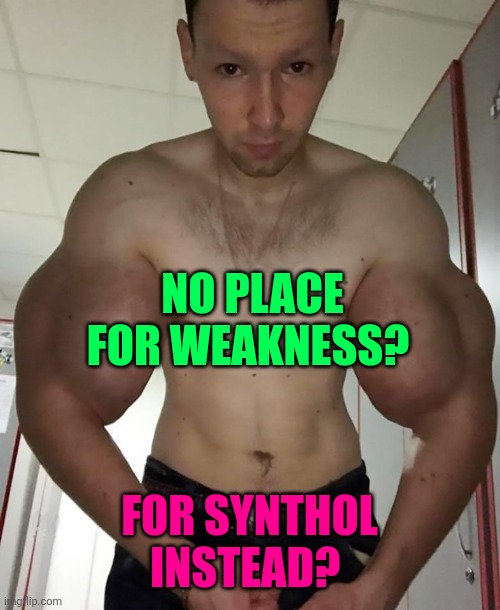 Synthol | NO PLACE FOR WEAKNESS? FOR SYNTHOL INSTEAD? | image tagged in synthol | made w/ Imgflip meme maker