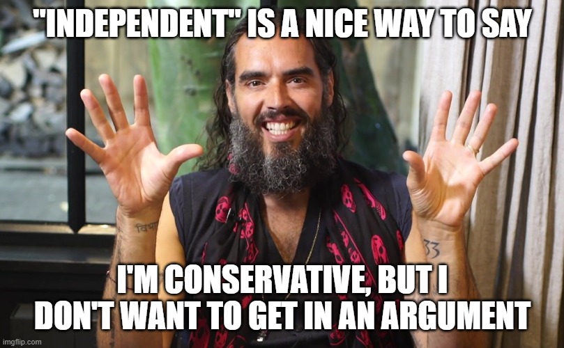 Russell Brand | "INDEPENDENT" IS A NICE WAY TO SAY I'M CONSERVATIVE, BUT I DON'T WANT TO GET IN AN ARGUMENT | image tagged in russell brand | made w/ Imgflip meme maker