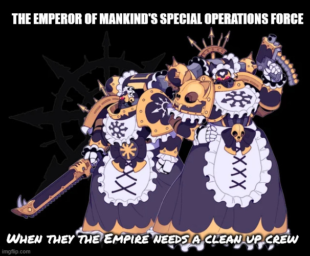 Special Forces of the Emperor of Mankind | THE EMPEROR OF MANKIND'S SPECIAL OPERATIONS FORCE; When they the Empire needs a clean up crew | image tagged in warhammer40k,maids | made w/ Imgflip meme maker