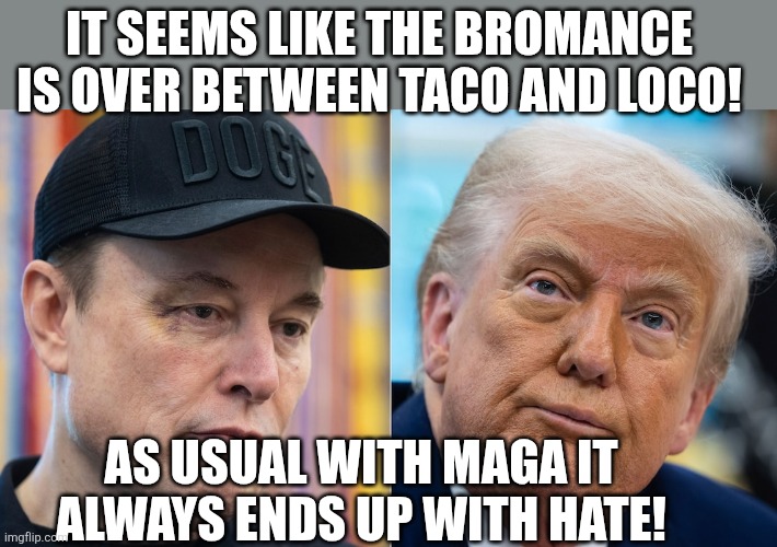 Taco and loco | IT SEEMS LIKE THE BROMANCE IS OVER BETWEEN TACO AND LOCO! AS USUAL WITH MAGA IT ALWAYS ENDS UP WITH HATE! | image tagged in elon musk,donald trump,trump,maga,nevertrump,trump sucks | made w/ Imgflip meme maker