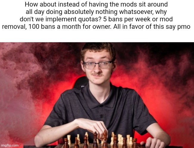 How about instead of having the mods sit around all day doing absolutely nothing whatsoever, why don't we implement quotas? 5 bans per week or mod removal, 100 bans a month for owner. All in favor of this say pmo | made w/ Imgflip meme maker