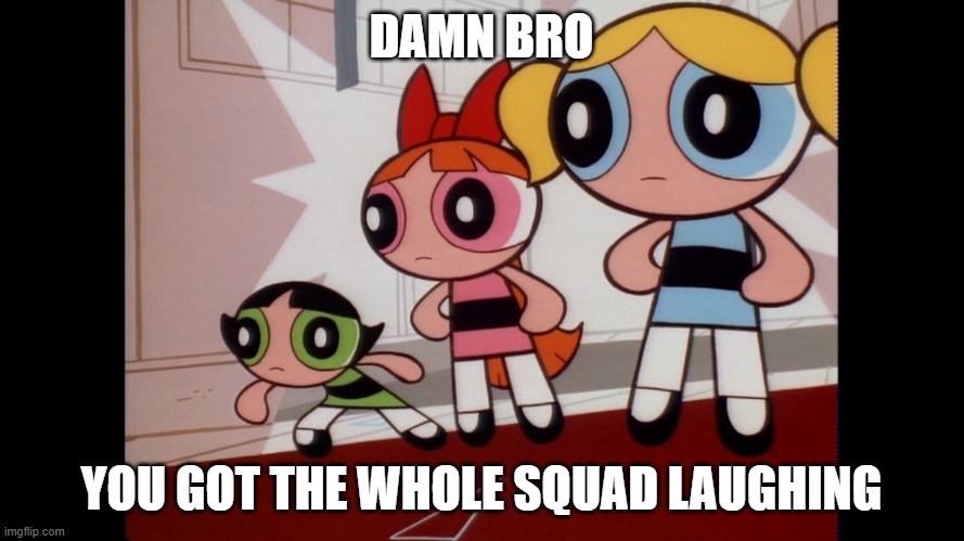 DAMN BRO YOU GOT THE WHOLE SQUAD LAUGHING | image tagged in powerpuff girls wat | made w/ Imgflip meme maker