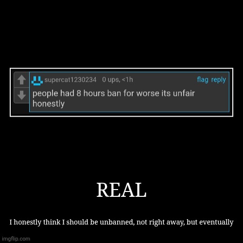 Can someone tell the shitmids im scared | REAL | I honestly think I should be unbanned, not right away, but eventually | image tagged in funny,demotivationals | made w/ Imgflip demotivational maker