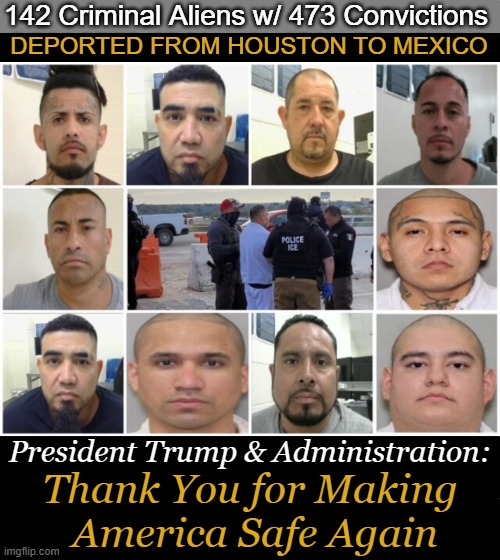 We will never know how many American lives were SAVED by removal of criminals from our country. | 142 Criminal Aliens w/ 473 Convictions; DEPORTED FROM HOUSTON TO MEXICO; President Trump & Administration:; Thank You for Making 
America Safe Again | image tagged in hallelujah,donald trump,law and order,criminals,gone,common sense | made w/ Imgflip meme maker