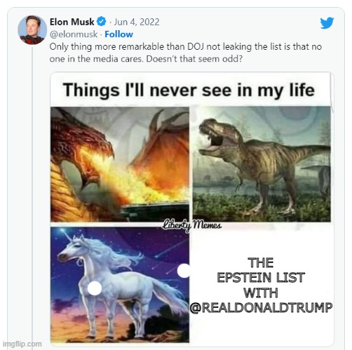 Elon Musk outing 47 | THE EPSTEIN LIST WITH @REALDONALDTRUMP | image tagged in elon musk tweets about epstein/maxwell client list | made w/ Imgflip meme maker