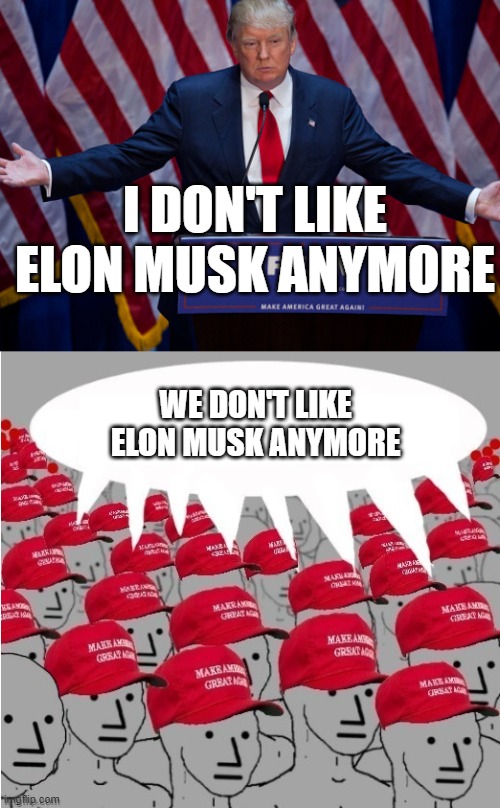 Cult 45 | I DON'T LIKE ELON MUSK ANYMORE; WE DON'T LIKE ELON MUSK ANYMORE | image tagged in maga,cult,traitors,pedos | made w/ Imgflip meme maker