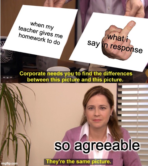 They're The Same Picture Meme | when my teacher gives me homework to do; what i say in response; so agreeable | image tagged in memes,they're the same picture | made w/ Imgflip meme maker