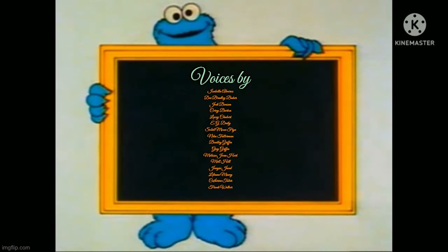 Voice List (Sesame Street Home Video) | Voices by; Izabella Alvarez
Dee Bradley Baker
Jodi Benson
Corey Burton
Lacey Chabert
E. G. Daily
Soleil Moon Frye
Nika Futterman
Bentley Griffin
Grey Griffin
Melissa Joan Hart
Matt Hill
Janyse Jaud
Liliana Mumy
Catherine Taber
Frank Welker | image tagged in vhs,sesame street,80s,nostalgia,cookie monster,elmo | made w/ Imgflip meme maker