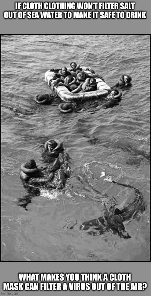 USS INDIANAPOLIS rescue | IF CLOTH CLOTHING WON’T FILTER SALT OUT OF SEA WATER TO MAKE IT SAFE TO DRINK; WHAT MAKES YOU THINK A CLOTH MASK CAN FILTER A VIRUS OUT OF THE AIR? | image tagged in uss indianapolis rescue | made w/ Imgflip meme maker