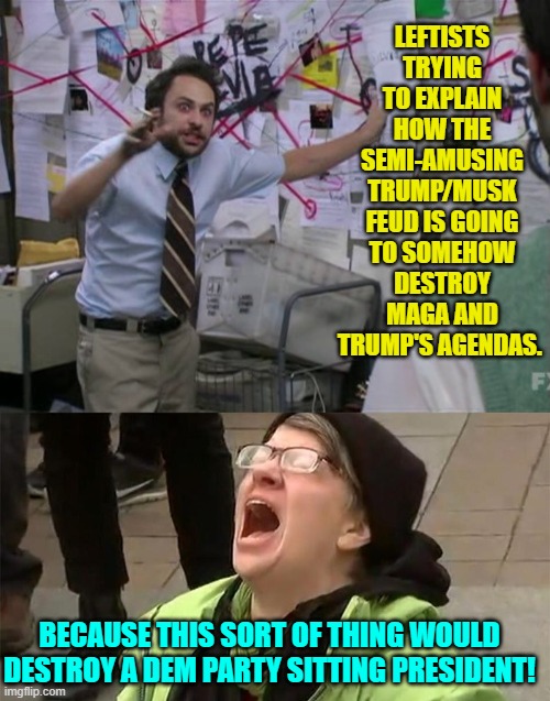 Mainly because disagreements are forbidden on the Left. | LEFTISTS TRYING TO EXPLAIN HOW THE SEMI-AMUSING TRUMP/MUSK FEUD IS GOING TO SOMEHOW DESTROY MAGA AND TRUMP'S AGENDAS. BECAUSE THIS SORT OF THING WOULD DESTROY A DEM PARTY SITTING PRESIDENT! | image tagged in charlie day | made w/ Imgflip meme maker