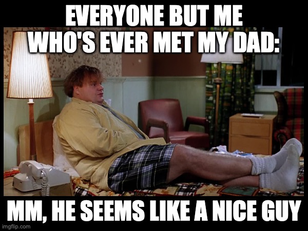 (This isn't graphic btw) But behind closed doors... | EVERYONE BUT ME WHO'S EVER MET MY DAD:; MM, HE SEEMS LIKE A NICE GUY | image tagged in tommy boy,chris farley,daddy issues,abuse,child abuse,dark humor | made w/ Imgflip meme maker