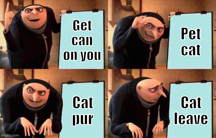Gru's Plan | Get can on you; Pet cat; Cat pur; Cat leave | image tagged in memes,lolcats,cat | made w/ Imgflip meme maker