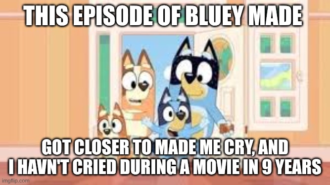 it made me cry | THIS EPISODE OF BLUEY MADE; GOT CLOSER TO MADE ME CRY, AND I HAVN'T CRIED DURING A MOVIE IN 9 YEARS | image tagged in bluey | made w/ Imgflip meme maker