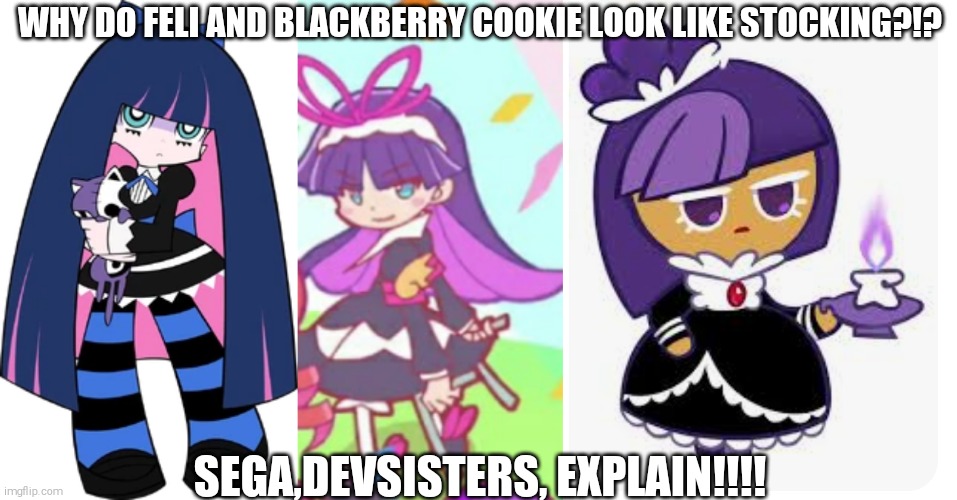 [YET ANOTHER SHITPOST] EXPLAIN WHY THEY LOOK LIKE EACHOTHER!! | WHY DO FELI AND BLACKBERRY COOKIE LOOK LIKE STOCKING?!? SEGA,DEVSISTERS, EXPLAIN!!!! | image tagged in stocking anarchy,blackberry cookie,feli,puyo puyo,panty and stocking with garterbelt,cookie run | made w/ Imgflip meme maker