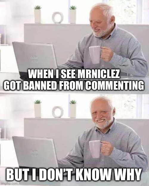 Whoever he is and p1ngas is idk maybe it’s a good reason | WHEN I SEE MRNICLEZ GOT BANNED FROM COMMENTING; BUT I DON’T KNOW WHY | image tagged in memes,hide the pain harold,why did they get banned | made w/ Imgflip meme maker