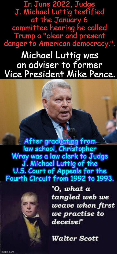 O, what a tangled web... | In June 2022, Judge J. Michael Luttig testified at the January 6 committee hearing he called Trump a "clear and present danger to American democracy.". Michael Luttig was an adviser to former Vice President Mike Pence. After graduating from law school, Christopher Wray was a law clerk to Judge J. Michael Luttig of the U.S. Court of Appeals for the Fourth Circuit from 1992 to 1993. | image tagged in tangled web,more pieces of j6 fedsurrection,falling into place | made w/ Imgflip meme maker