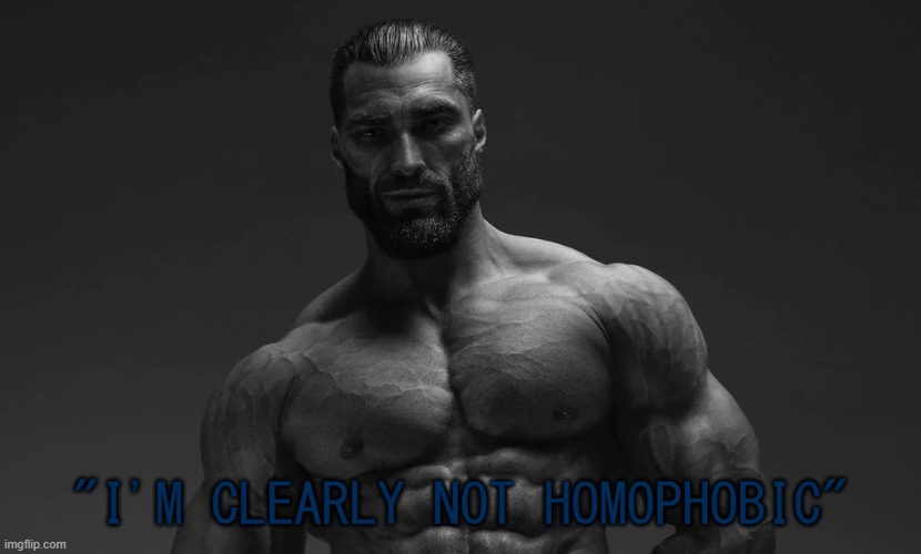 "I'M CLEARLY NOT HOMOPHOBIC" | image tagged in giga chad,lgbtq,gigachad | made w/ Imgflip meme maker