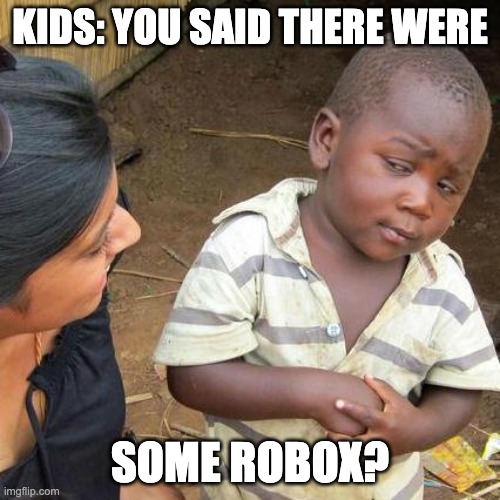 Third World Skeptical Kid | KIDS: YOU SAID THERE WERE; SOME ROBOX? | image tagged in memes,third world skeptical kid | made w/ Imgflip meme maker