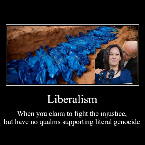 Liberalism | When you claim to fight the injustice, but have no qualms supporting literal genocide | image tagged in demotivationals,liberals,genocide,democrats,palestine,free palestine | made w/ Imgflip demotivational maker