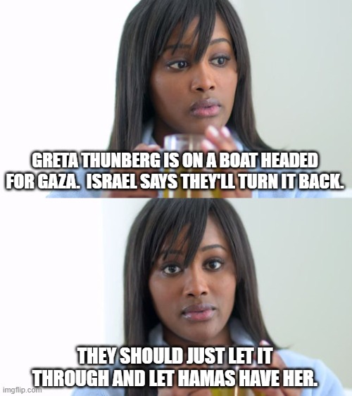 Black Woman Drinking Tea (2 Panels) | GRETA THUNBERG IS ON A BOAT HEADED FOR GAZA.  ISRAEL SAYS THEY'LL TURN IT BACK. THEY SHOULD JUST LET IT THROUGH AND LET HAMAS HAVE HER. | image tagged in black woman drinking tea 2 panels | made w/ Imgflip meme maker