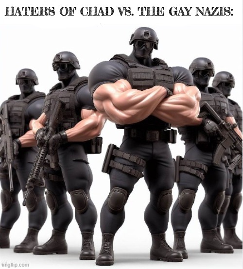 HATERS OF CHAD VS. THE GAY NAZIS: | image tagged in giga chad,swat,video games,homophobic | made w/ Imgflip meme maker