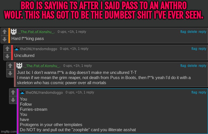 And wtf does being a furry or having toasters in my templates have to do with anything? | BRO IS SAYING TS AFTER I SAID PASS TO AN ANTHRO WOLF. THIS HAS GOT TO BE THE DUMBEST SHIT I'VE EVER SEEN. | made w/ Imgflip meme maker