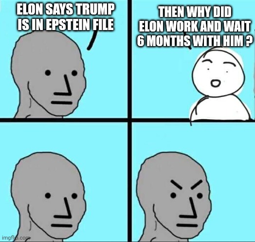 NPC Meme | ELON SAYS TRUMP IS IN EPSTEIN FILE THEN WHY DID ELON WORK AND WAIT 6 MONTHS WITH HIM ? | image tagged in npc meme | made w/ Imgflip meme maker