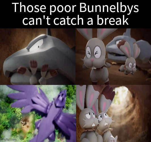 Pokemon bad luck | Those poor Bunnelbys can't catch a break | image tagged in memes,funny,pokemon,cartoon | made w/ Imgflip meme maker