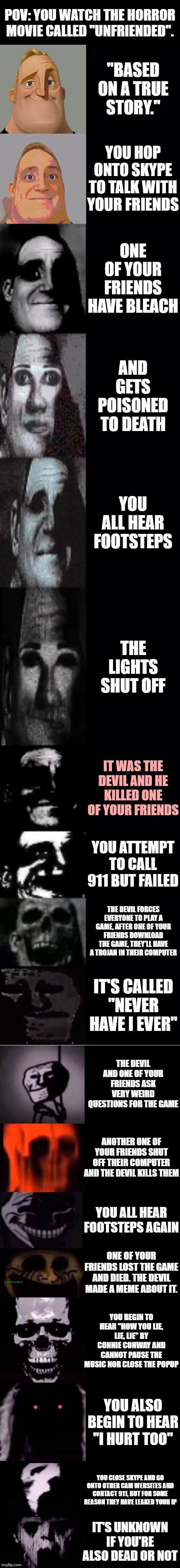 mr incredible becoming uncanny 1st extension | POV: YOU WATCH THE HORROR MOVIE CALLED ''UNFRIENDED''. ''BASED ON A TRUE STORY.''; YOU HOP ONTO SKYPE TO TALK WITH YOUR FRIENDS; ONE OF YOUR FRIENDS HAVE BLEACH; AND GETS POISONED TO DEATH; YOU ALL HEAR FOOTSTEPS; THE LIGHTS SHUT OFF; IT WAS THE DEVIL AND HE KILLED ONE OF YOUR FRIENDS; YOU ATTEMPT TO CALL 911 BUT FAILED; THE DEVIL FORCES EVERYONE TO PLAY A GAME, AFTER ONE OF YOUR FRIENDS DOWNLOAD THE GAME, THEY'LL HAVE A TROJAN IN THEIR COMPUTER; IT'S CALLED ''NEVER HAVE I EVER''; THE DEVIL AND ONE OF YOUR FRIENDS ASK VERY WEIRD QUESTIONS FOR THE GAME; ANOTHER ONE OF YOUR FRIENDS SHUT OFF THEIR COMPUTER AND THE DEVIL KILLS THEM; YOU ALL HEAR FOOTSTEPS AGAIN; ONE OF YOUR FRIENDS LOST THE GAME AND DIED. THE DEVIL MADE A MEME ABOUT IT. YOU BEGIN TO HEAR ''HOW YOU LIE, LIE, LIE'' BY CONNIE CONWAY AND CANNOT PAUSE THE MUSIC NOR CLOSE THE POPUP; YOU ALSO BEGIN TO HEAR ''I HURT TOO''; YOU CLOSE SKYPE AND GO ONTO OTHER CAM WEBSITES AND CONTACT 911, BUT FOR SOME REASON THEY HAVE LEAKED YOUR IP; IT'S UNKNOWN IF YOU'RE ALSO DEAD OR NOT | image tagged in mr incredible becoming uncanny 1st extension,traumatized mr incredible,mr incredible becoming uncanny,horror movies | made w/ Imgflip meme maker