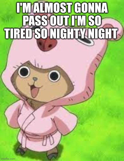 Chopper in bathrobe | I'M ALMOST GONNA PASS OUT I'M SO TIRED SO NIGHTY NIGHT | image tagged in chopper in bathrobe | made w/ Imgflip meme maker