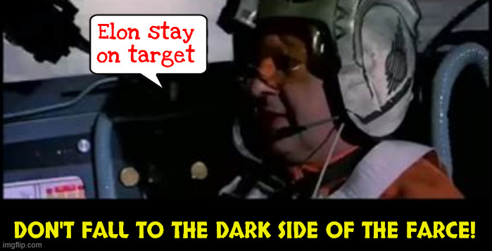 Elon stay on target | Elon stay on target; DON'T FALL TO THE DARK SIDE OF THE FARCE! | image tagged in elon stay on target,no bailout for tesler,poor drug addict,black eye,288 million wasted,dark side of the farce | made w/ Imgflip meme maker