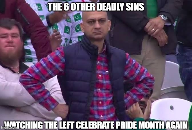 Who ever keeps picking has clear bias | THE 6 OTHER DEADLY SINS; WATCHING THE LEFT CELEBRATE PRIDE MONTH AGAIN | image tagged in disappointed man | made w/ Imgflip meme maker